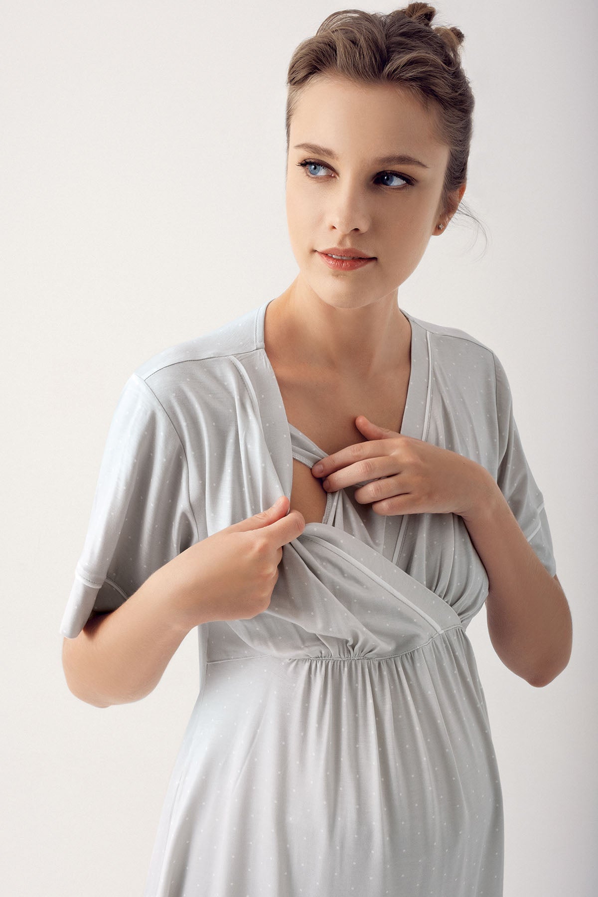 Polka Dot Double Breasted Maternity & Nursing Pajama Set Grey - 14206