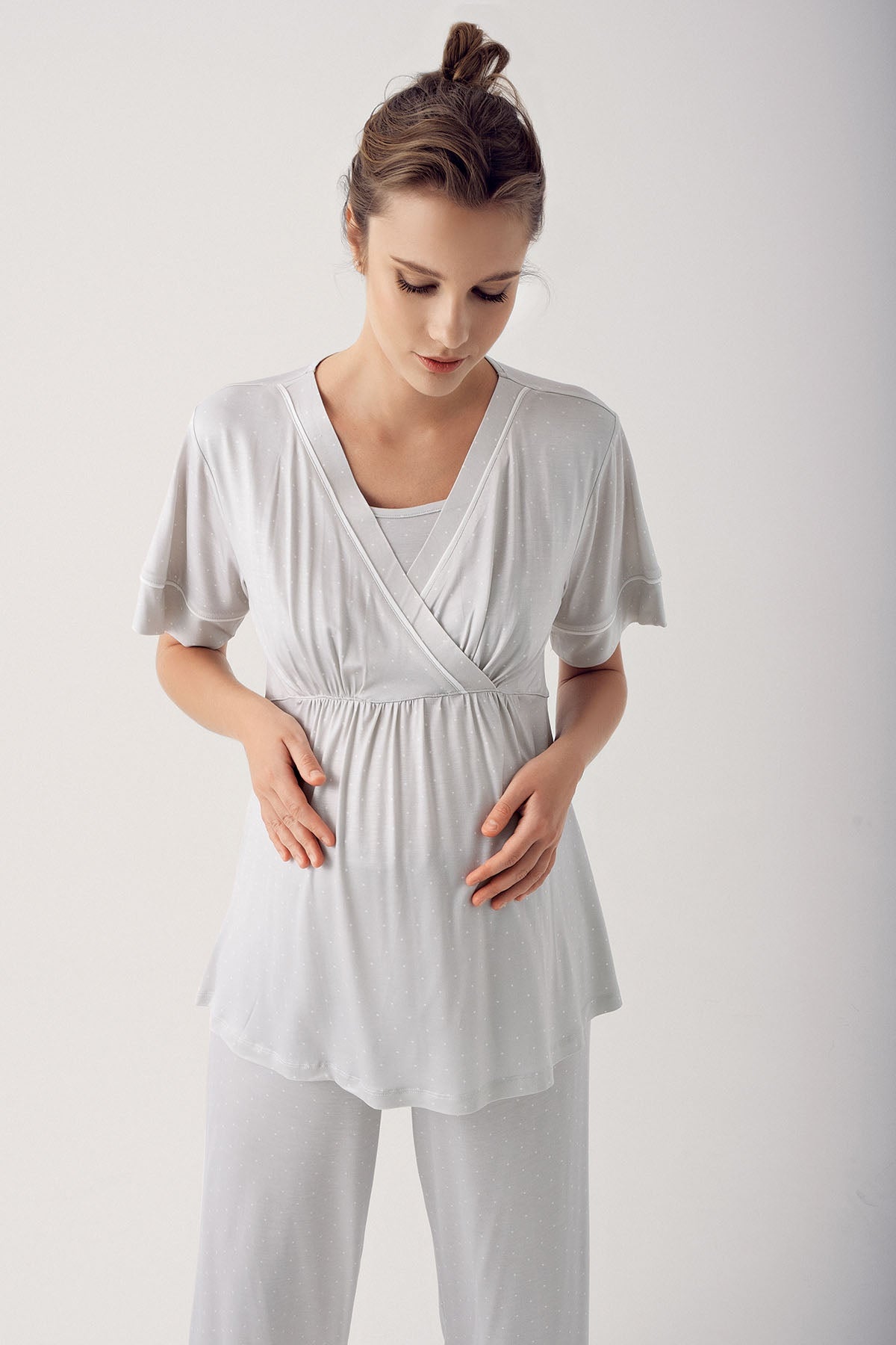 Polka Dot Double Breasted Maternity & Nursing Pajama Set Grey - 14206