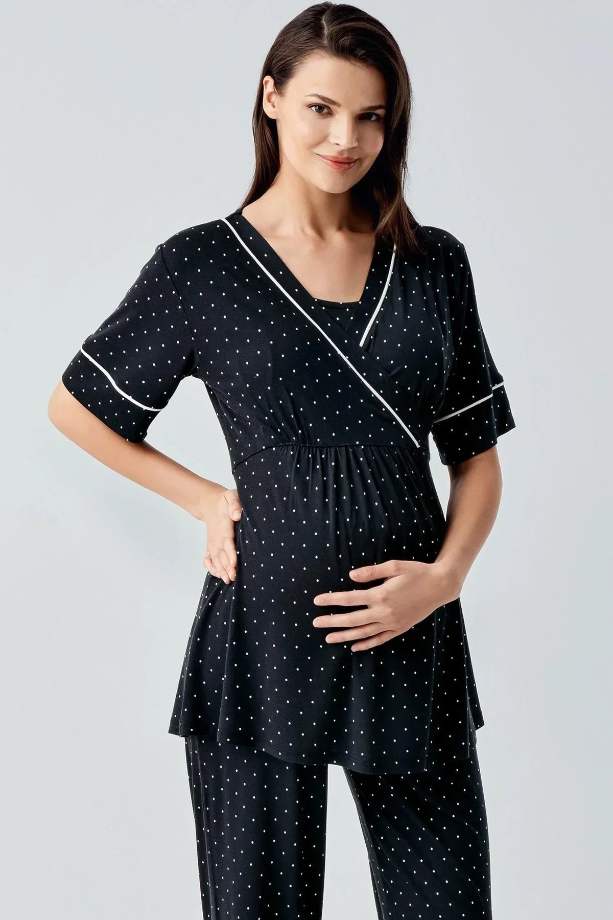 Polka Dot Double Breasted Maternity & Nursing Pajama Set Black - 14206