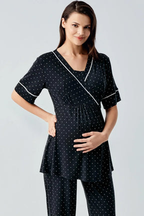 Polka Dot Double Breasted Maternity & Nursing Pajama Set Black - 14206