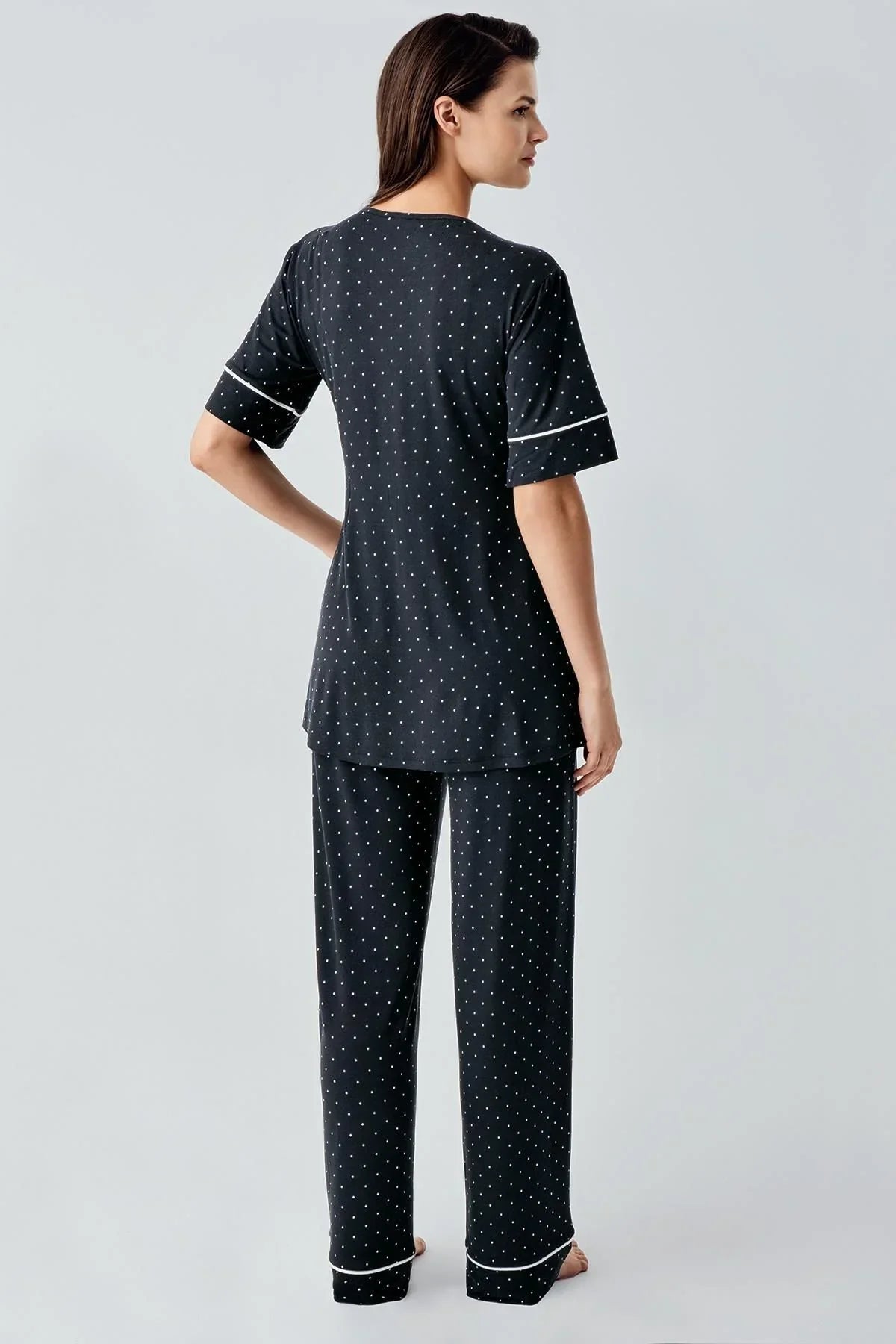 Polka Dot Double Breasted Maternity & Nursing Pajama Set Black - 14206