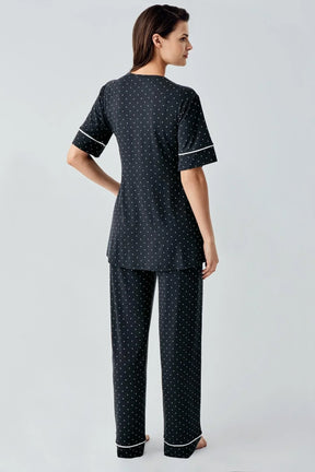 Polka Dot Double Breasted Maternity & Nursing Pajama Set Black - 14206