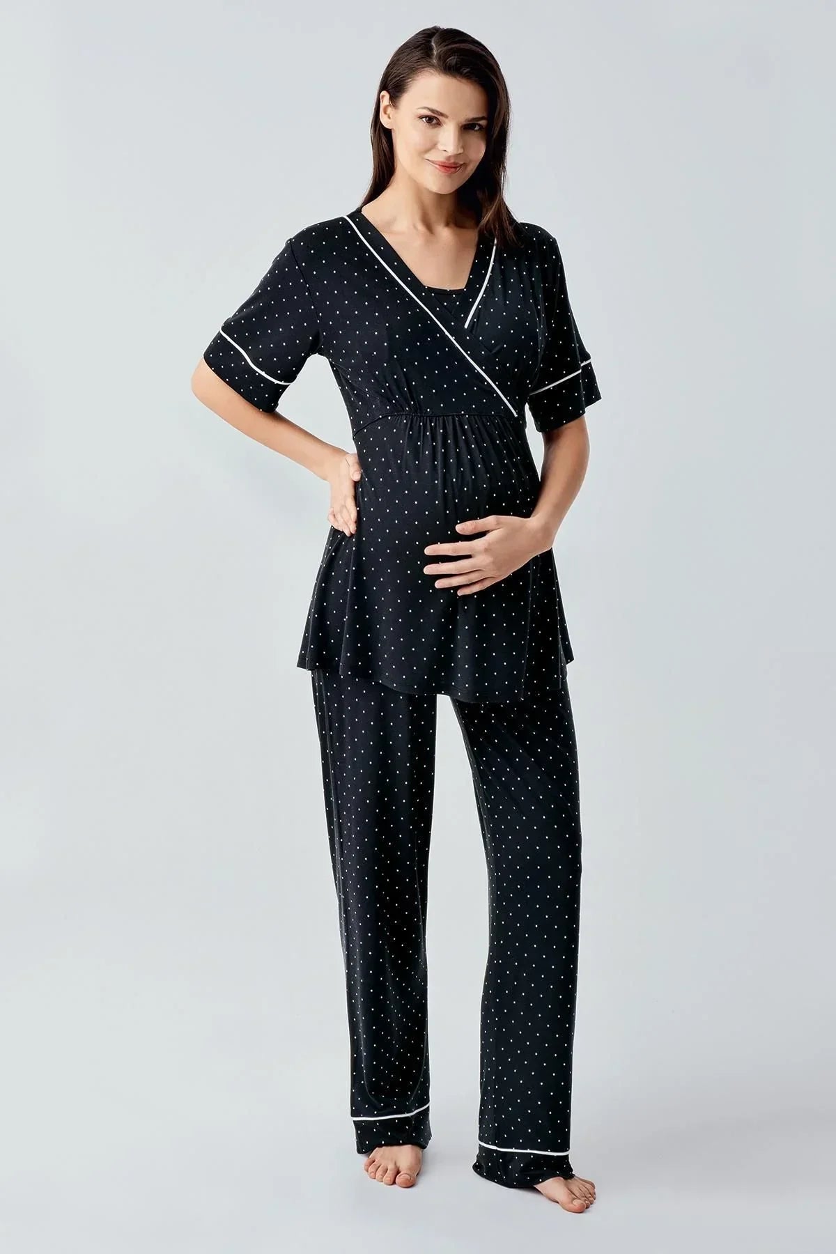 Polka Dot Double Breasted Maternity & Nursing Pajama Set Black - 14206