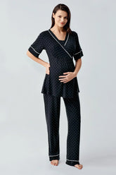 Polka Dot Double Breasted Maternity & Nursing Pajama Set Black - 14206