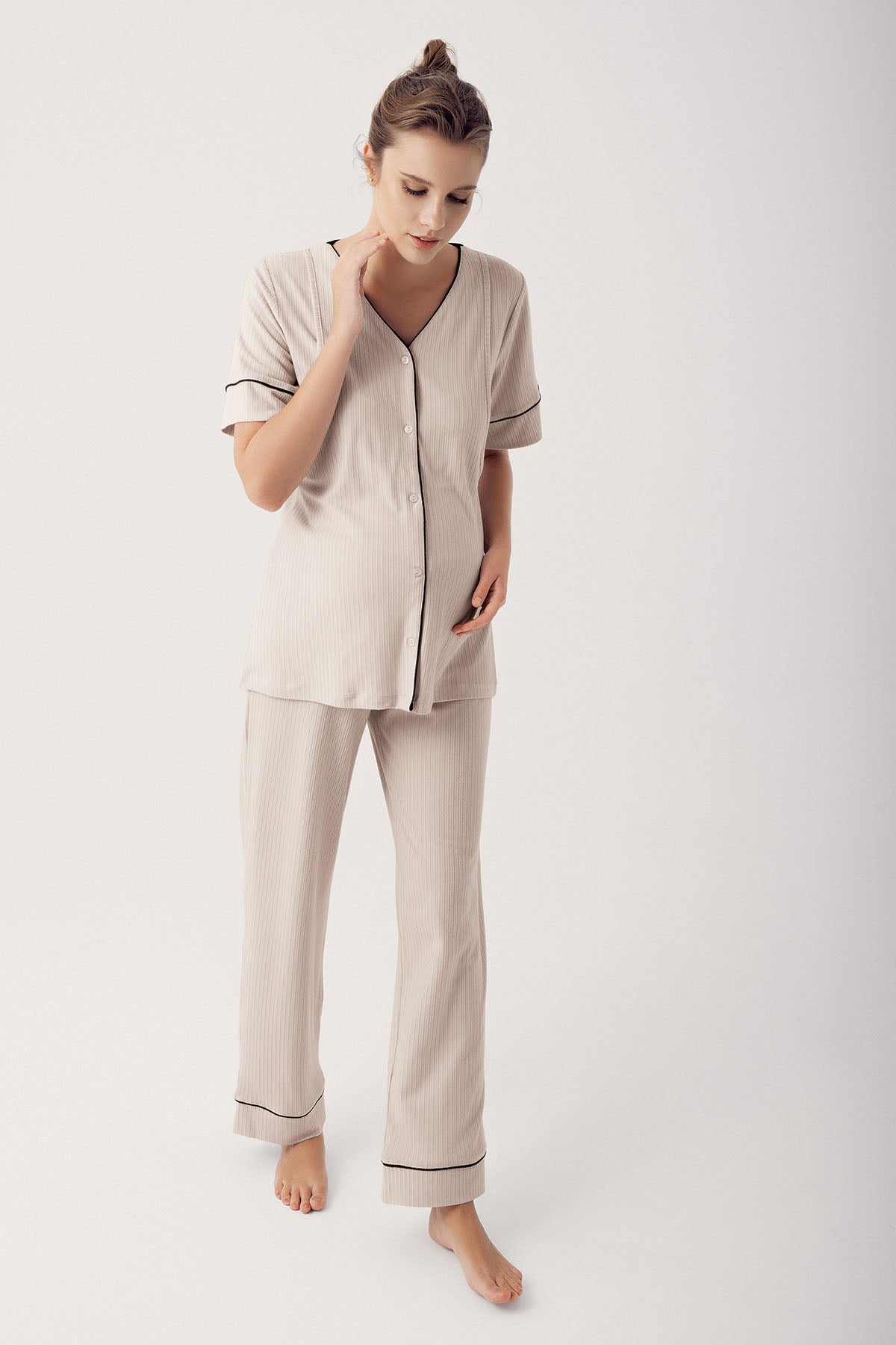 Double Breastfeeding Maternity Feeding-Friendly Pajama Set Beige - S14209