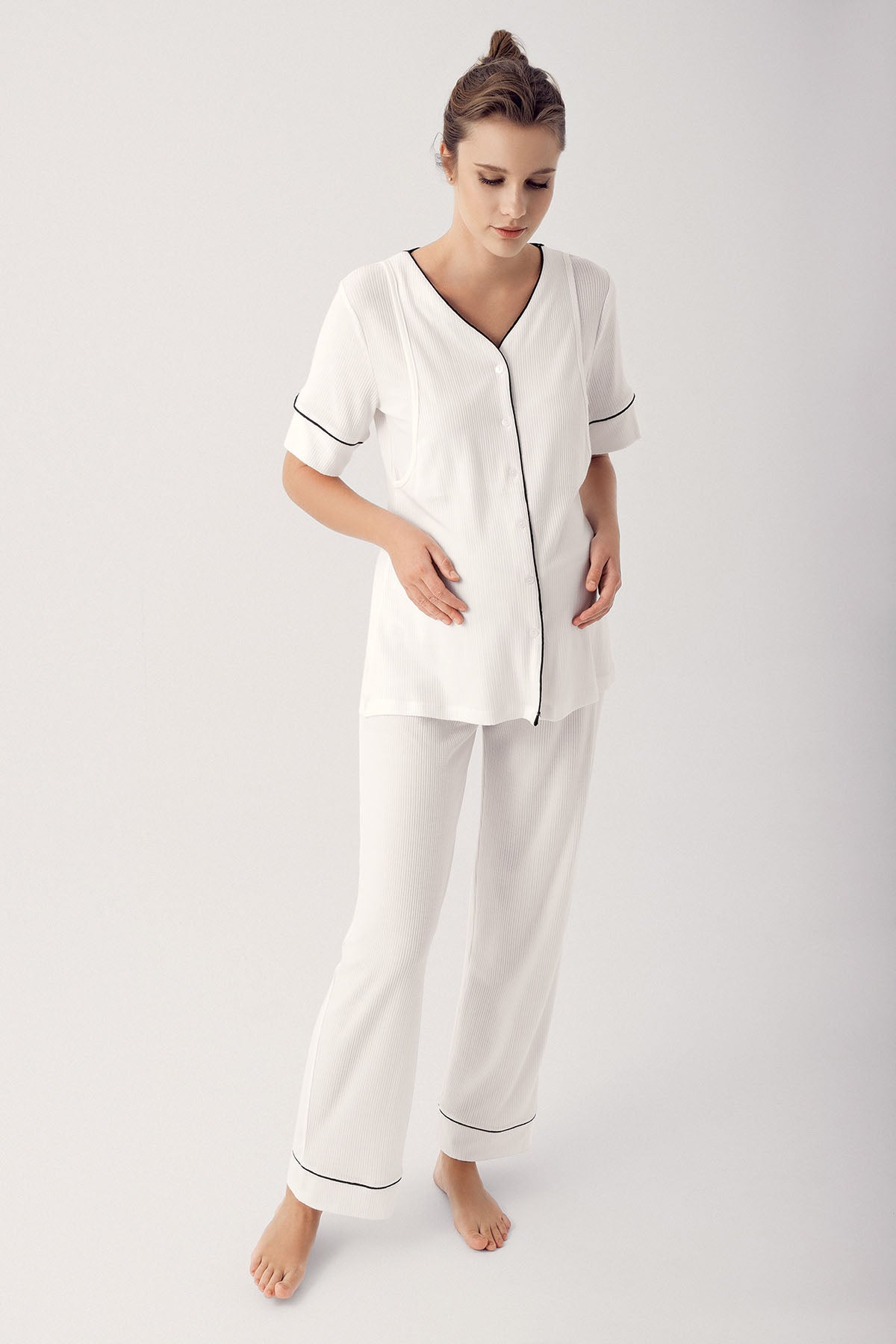 Double Breastfeeding 3-Piece Maternity-Nursing Pajama & Robe Set Ecru - 14306