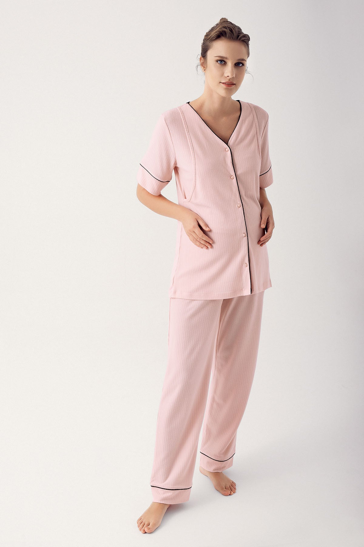 Double Breastfeeding 3-Piece Maternity-Nursing Pajama & Robe Set Pink - 14306