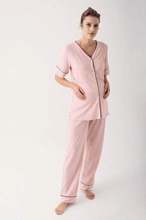 Double Breastfeeding 3-Piece Maternity-Nursing Pajama & Robe Set Pink - 14306