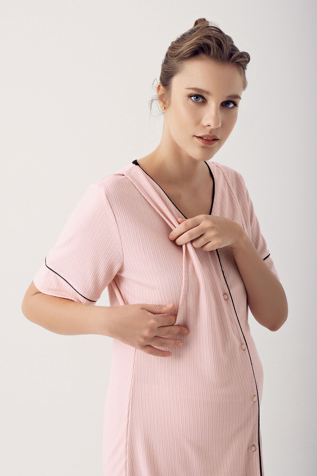 Double Breastfeeding 3-Piece Maternity-Nursing Pajama & Robe Set Pink - 14306