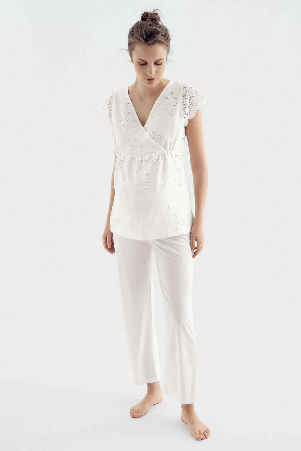 Woven Double Breasted Maternity Feeding-Friendly Pajama Set Ecru - S14213