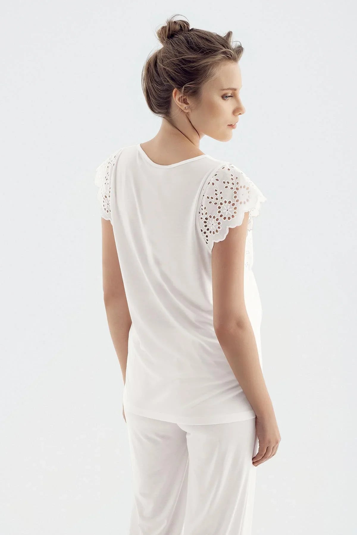 Woven Double Breasted Maternity Feeding-Friendly Pajama Set Ecru - S14213
