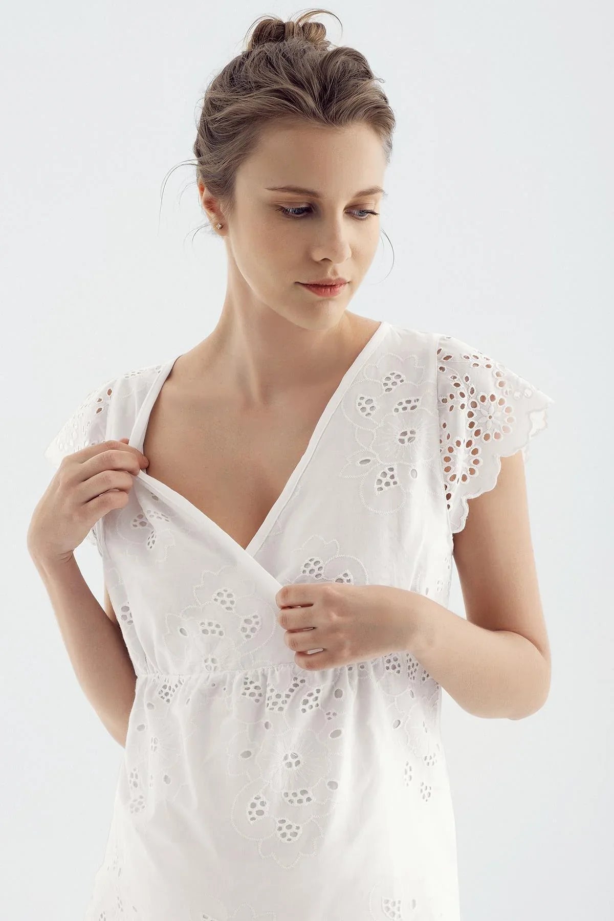 Woven Double Breasted Maternity Feeding-Friendly Pajama Set Ecru - S14213