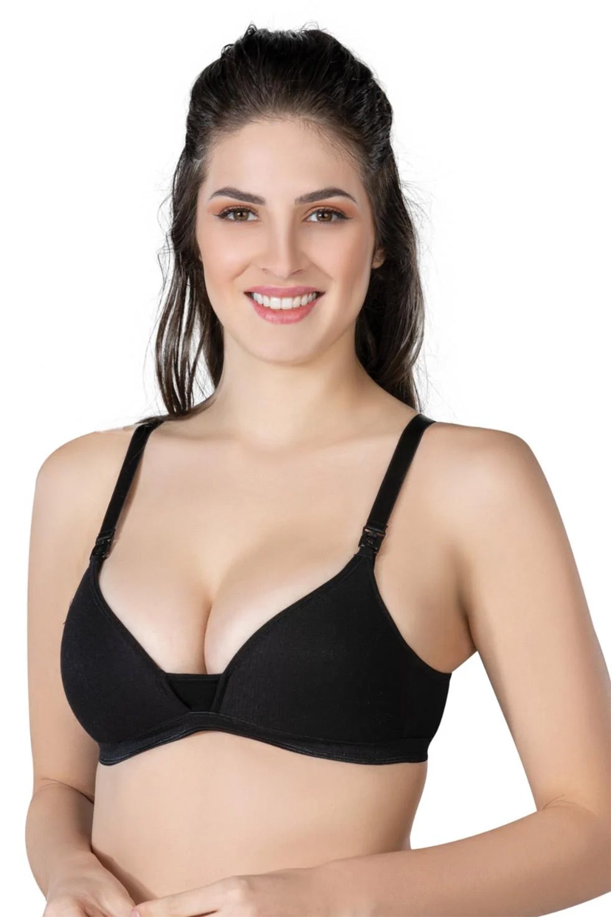 Plunge V-Neck Modal Cotton Wire-Free with Soft Padding Nursing Bra Shaping & Lifting Black - 1422