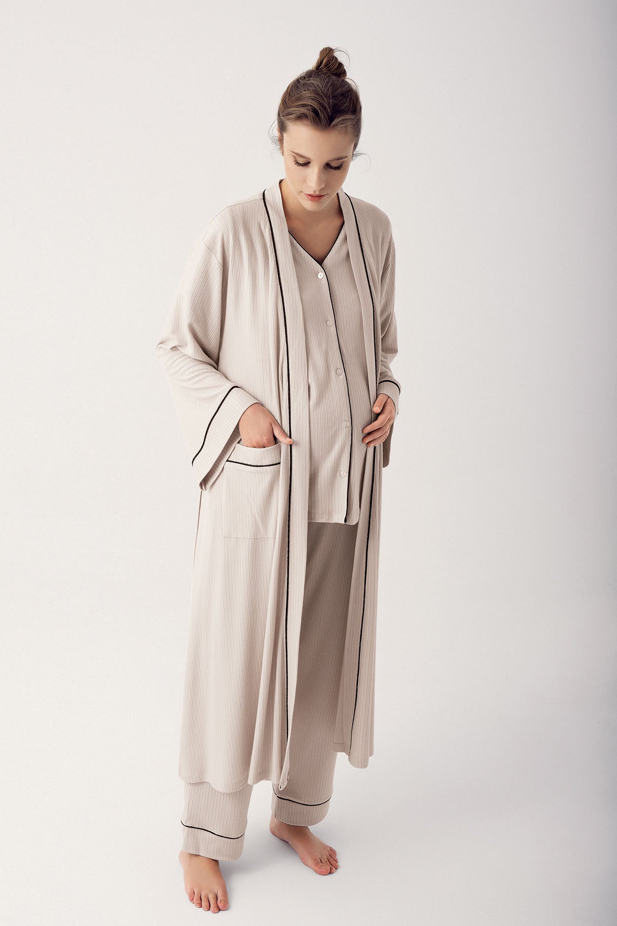 Double Breastfeeding 3-Piece Maternity-Nursing Pajama & Robe Set Beige - 14306