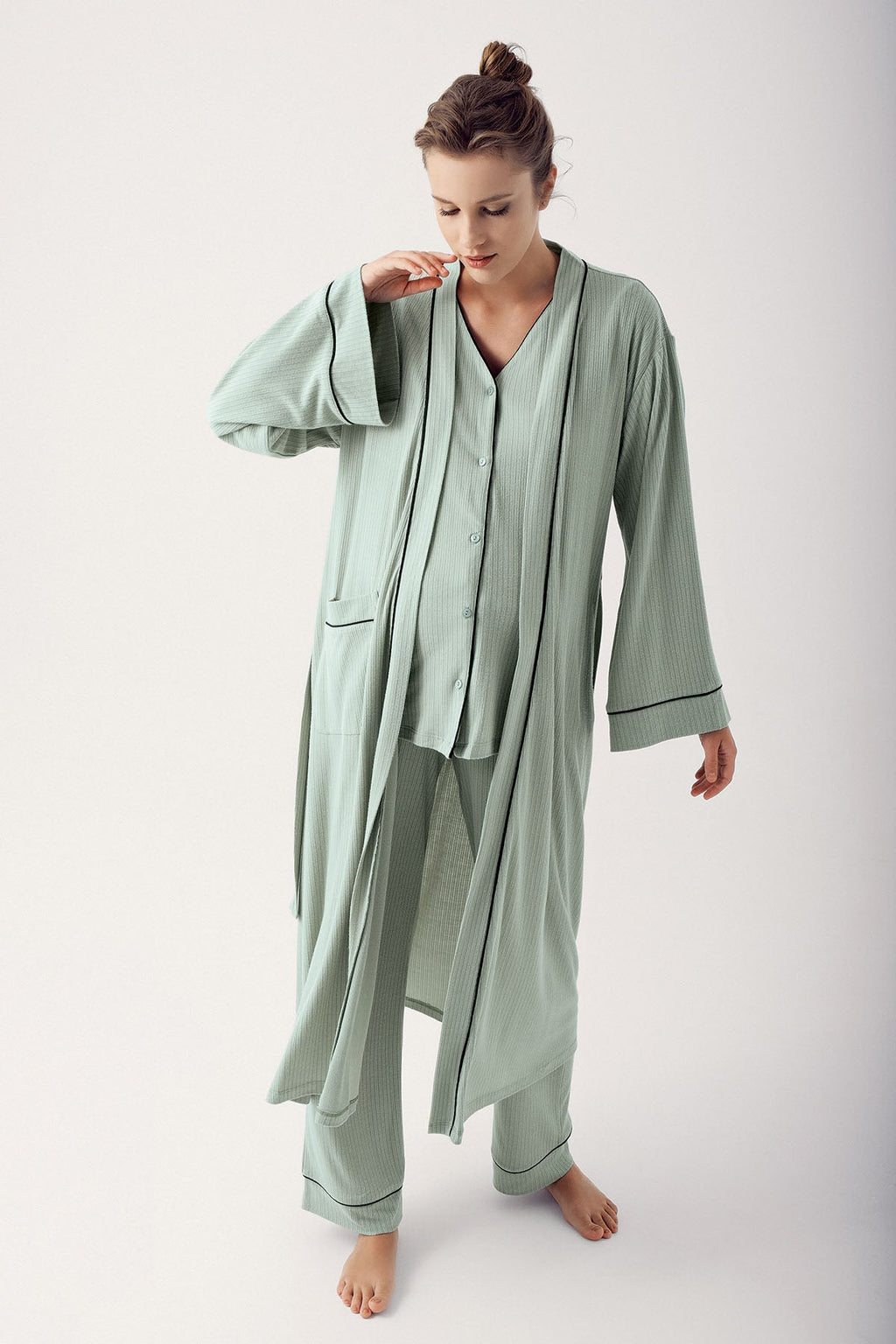 Double Breastfeeding 3-Piece Maternity Feeding-Friendly Pajama & Robe Set Green - S14306