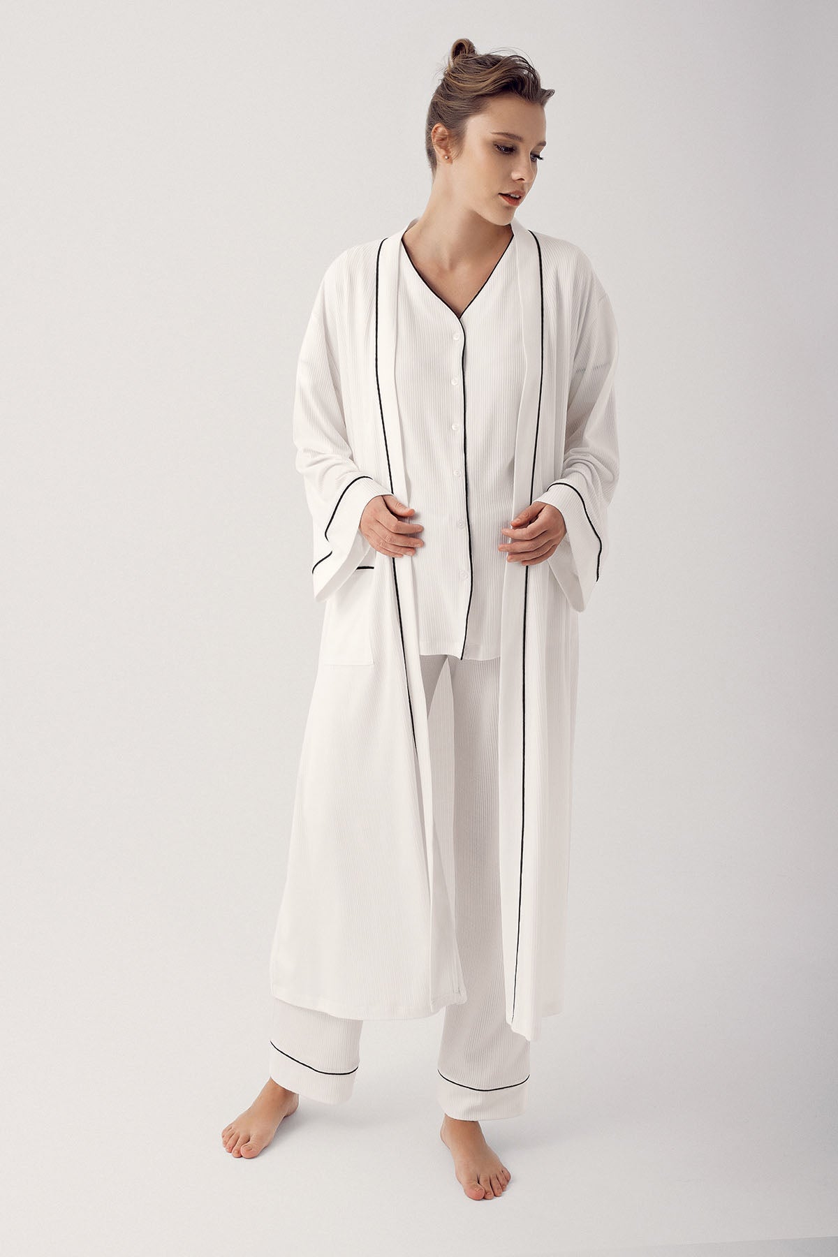 Double Breastfeeding 3-Piece Maternity-Nursing Pajama & Robe Set Ecru - 14306