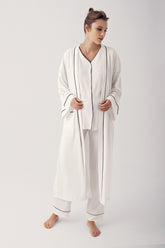 Double Breastfeeding 3-Piece Maternity-Nursing Pajama & Robe Set Ecru - 14306