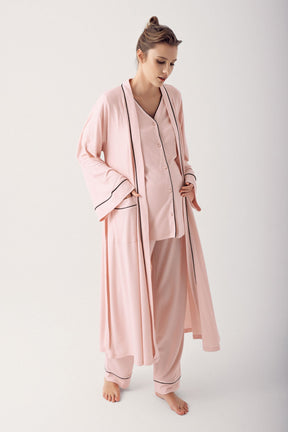 Double Breastfeeding 3-Piece Maternity-Nursing Pajama & Robe Set Pink - 14306