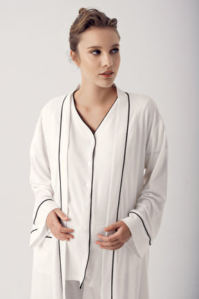 Double Breastfeeding 3-Piece Maternity-Nursing Pajama & Robe Set Ecru - 14306
