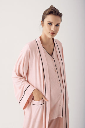 Double Breastfeeding 3-Piece Maternity-Nursing Pajama & Robe Set Pink - 14306