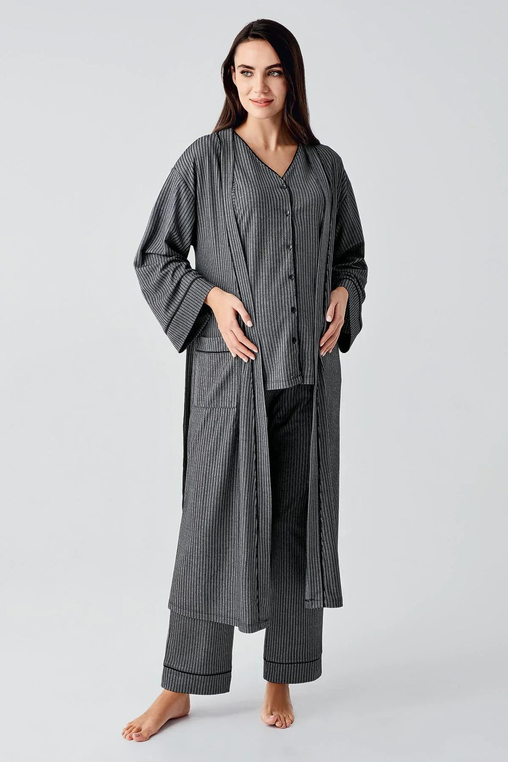 Double Breastfeeding 3-Piece Maternity-Nursing Pajama & Robe Set Black - 14306