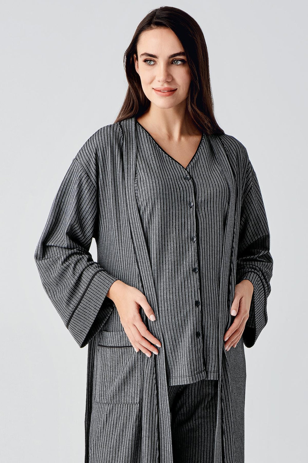Double Breastfeeding 3-Piece Maternity-Nursing Pajama & Robe Set Black - 14306
