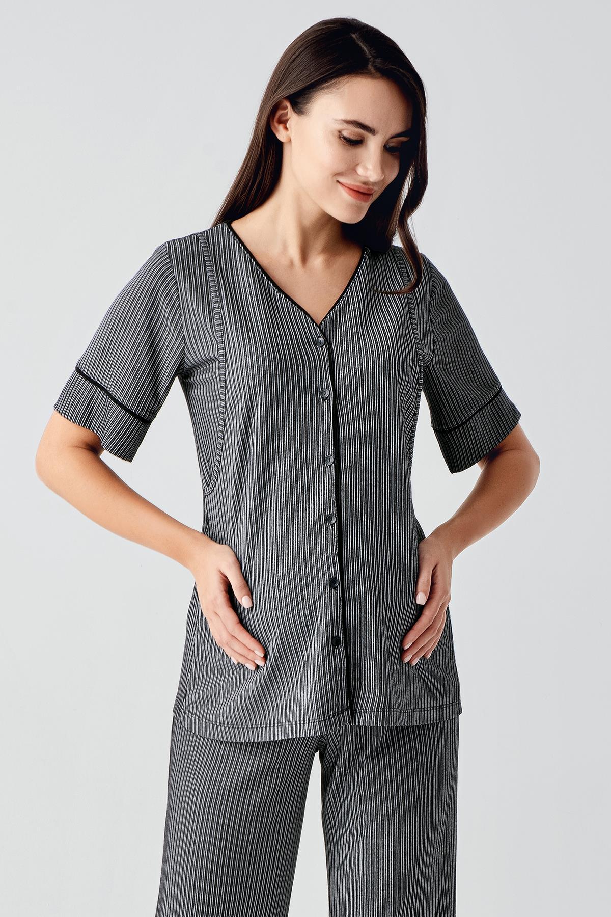 Double Breastfeeding 3-Piece Maternity-Nursing Pajama & Robe Set Black - 14306