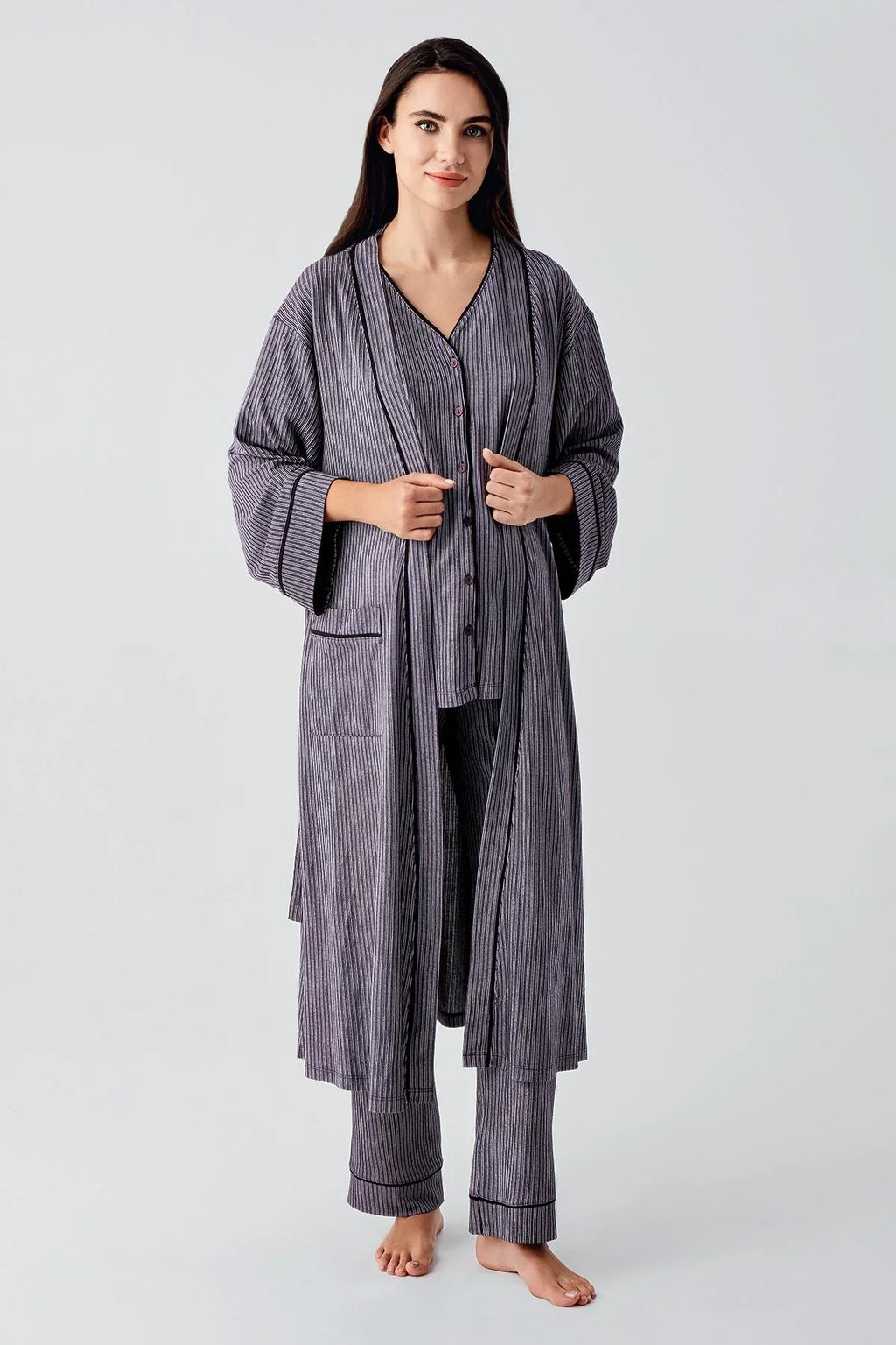 Double Breastfeeding 3-Piece Maternity-Nursing Pajama & Robe Set Purple - 14306