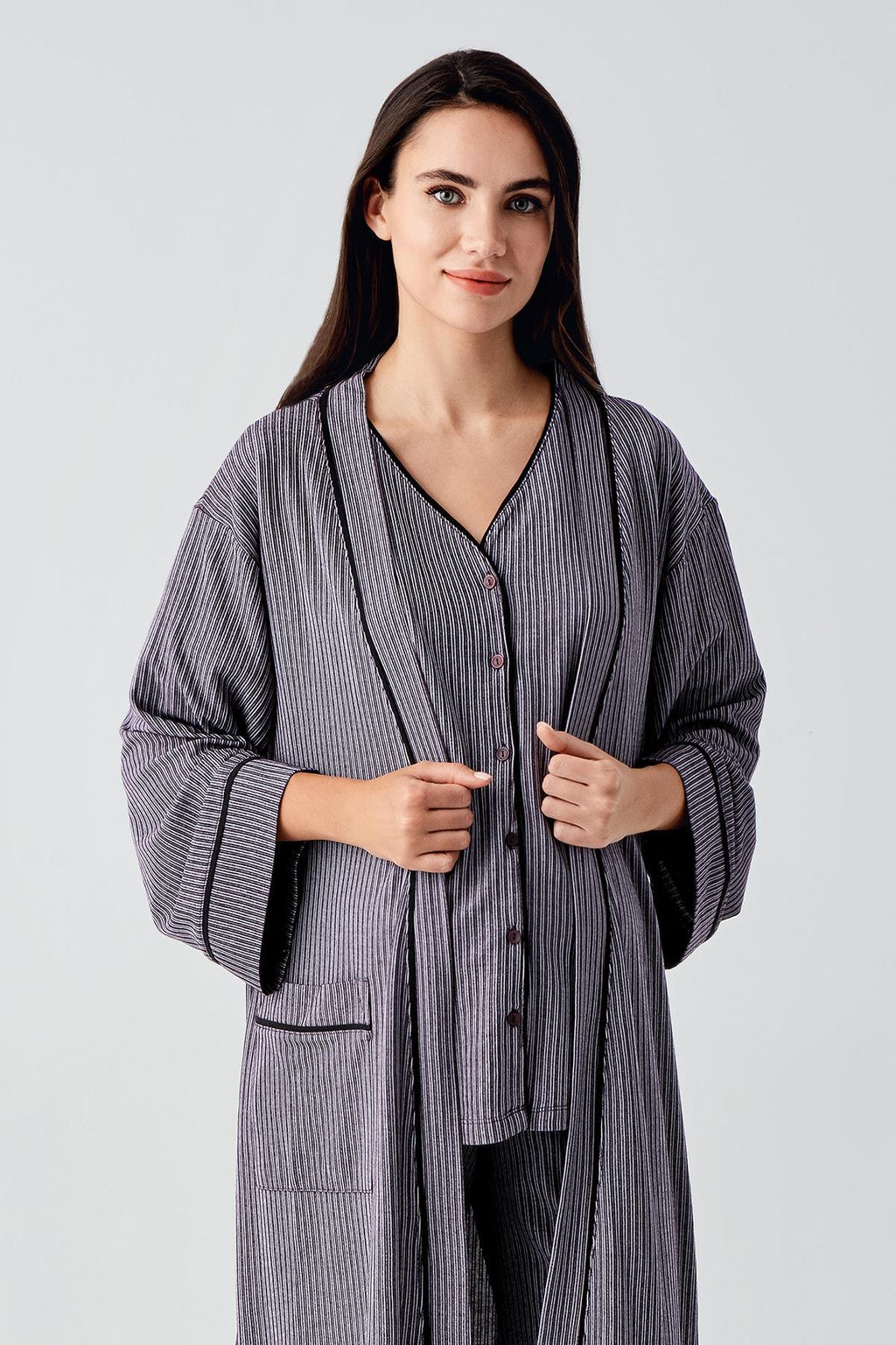 Double Breastfeeding 3-Piece Maternity-Nursing Pajama & Robe Set Purple - 14306