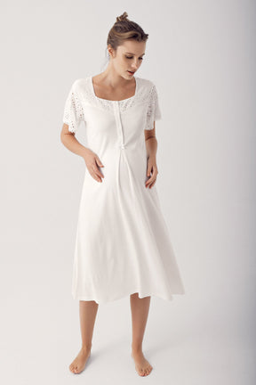 Motif Embroidered Maternity-Nursing Nightgown & Robe Set Ecru - 14400