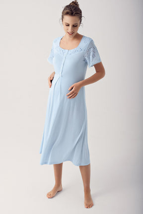 Motif Embroidered Maternity-Nursing Nightgown & Robe Set Blue - 14400