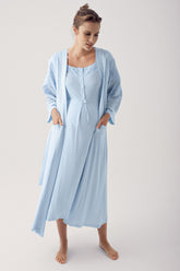 Motif Embroidered Maternity-Nursing Nightgown & Robe Set Blue - 14400