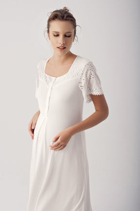 Motif Embroidered Maternity-Nursing Nightgown & Robe Set Ecru - 14400