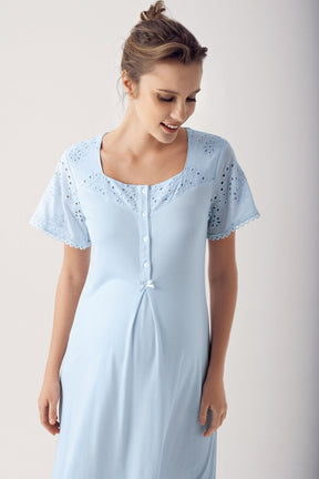 Motif Embroidered Maternity-Nursing Nightgown & Robe Set Blue - 14400