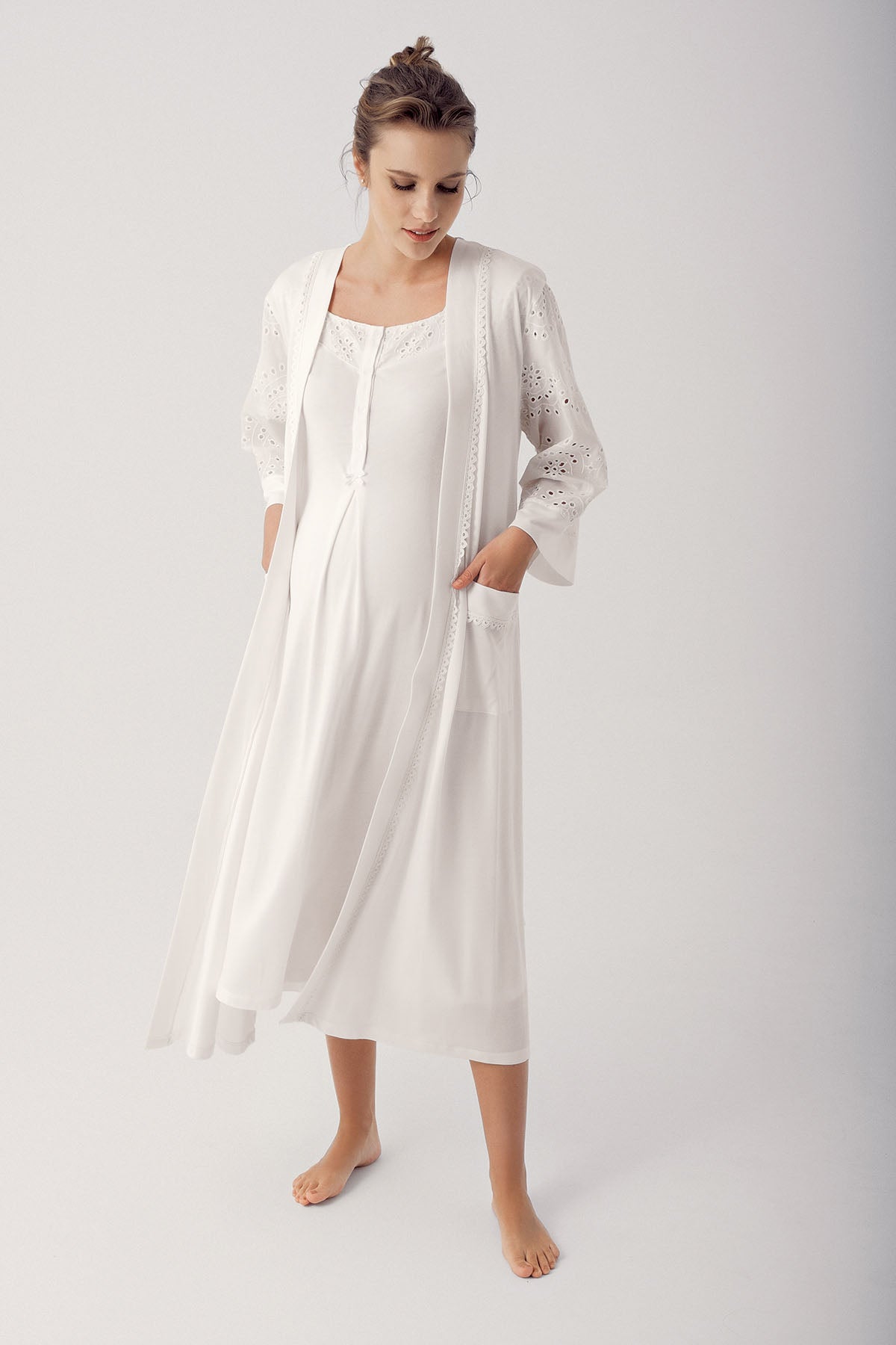 Motif Embroidered Maternity-Nursing Nightgown & Robe Set Ecru - 14400