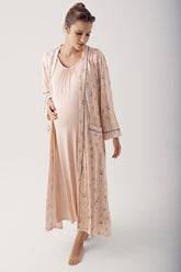 Breastfeeding Detailed Maternity & Nursing Nightgown With Patterned Robe Beige - 14404