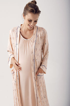Breastfeeding Detailed Maternity & Nursing Nightgown With Patterned Robe Beige - 14404