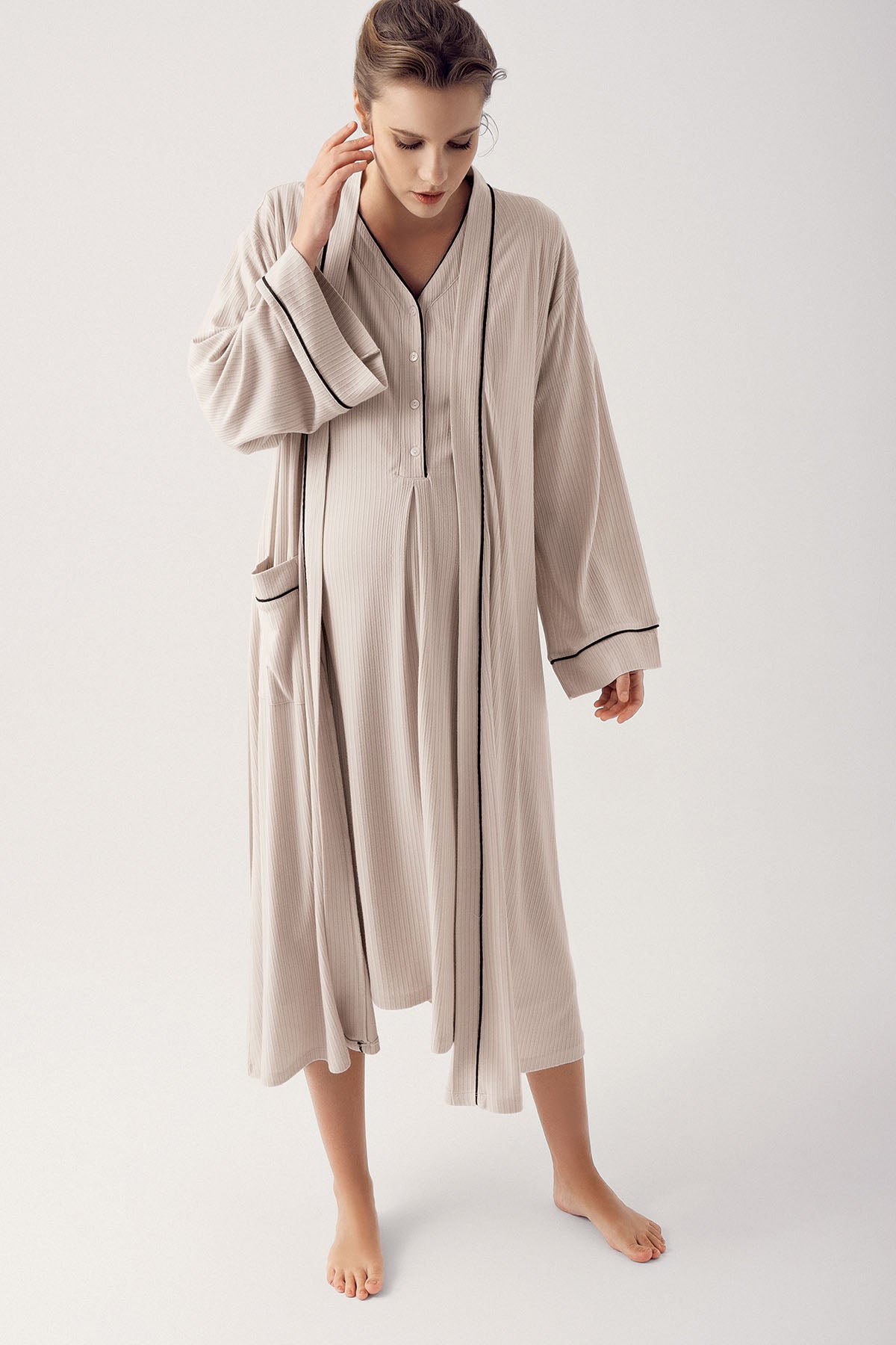 Double Breastfeeding Maternity-Nursing Nightgown & Robe Set Beige - 14406