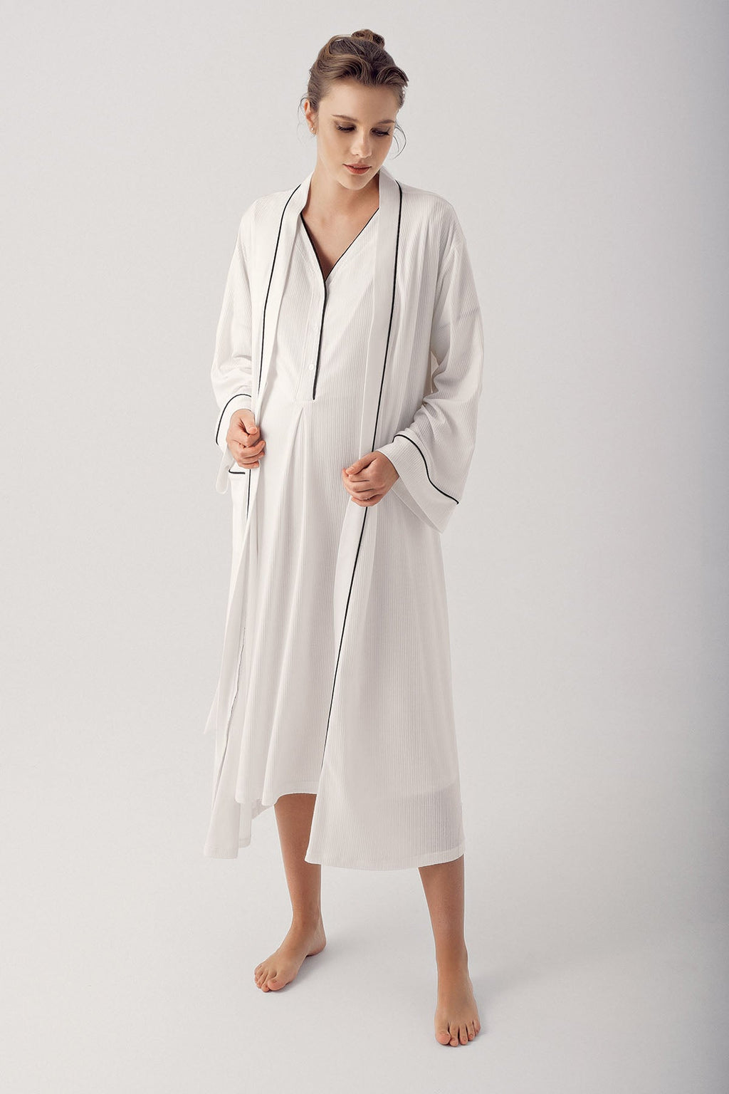 Double Breastfeeding Maternity Feeding-Friendly Nightgown & Robe Set Ecru - S14406