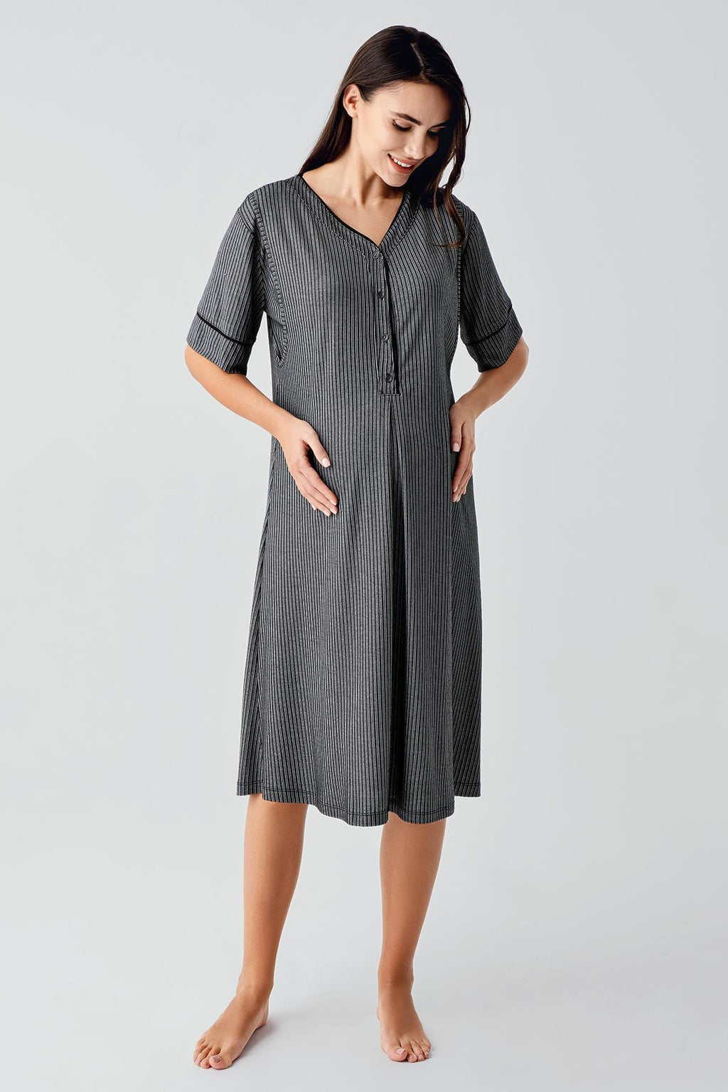Double Breastfeeding Maternity-Nursing Nightgown & Robe Set Black - 14406