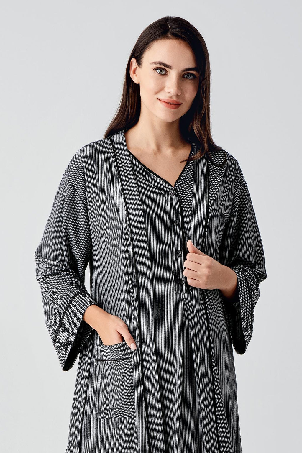 Double Breastfeeding Maternity-Nursing Nightgown & Robe Set Black - 14406