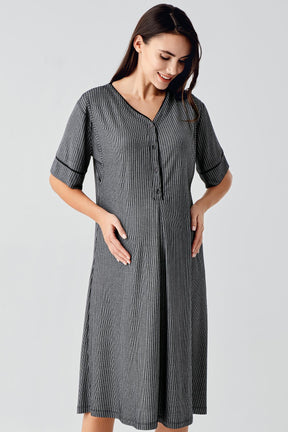 Double Breastfeeding Maternity-Nursing Nightgown & Robe Set Black - 14406