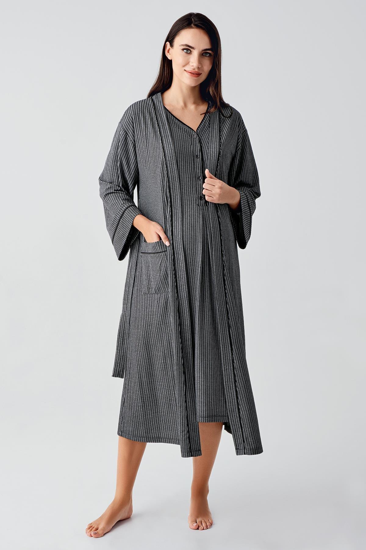Double Breastfeeding Maternity-Nursing Nightgown & Robe Set Black - 14406