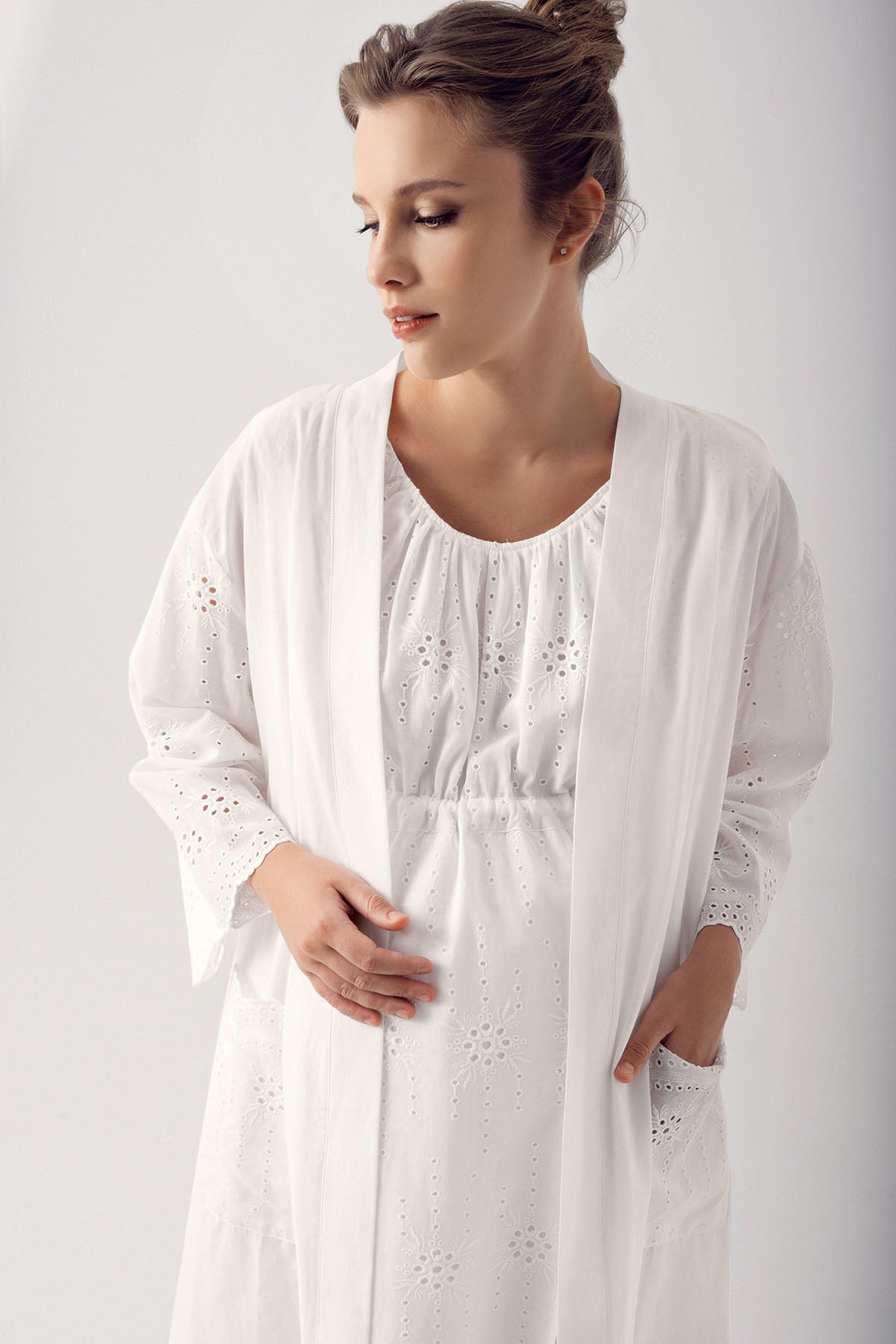 Woven Maternity Feeding-Friendly Nightgown & Robe Set Ecru - S14407