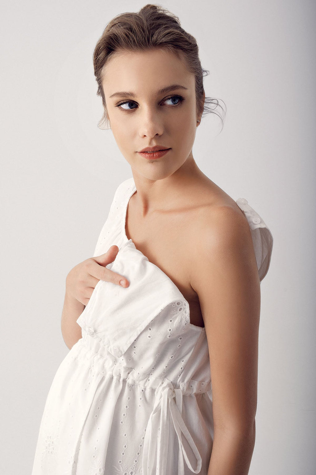 Woven Maternity Feeding-Friendly Nightgown & Robe Set Ecru - S14407