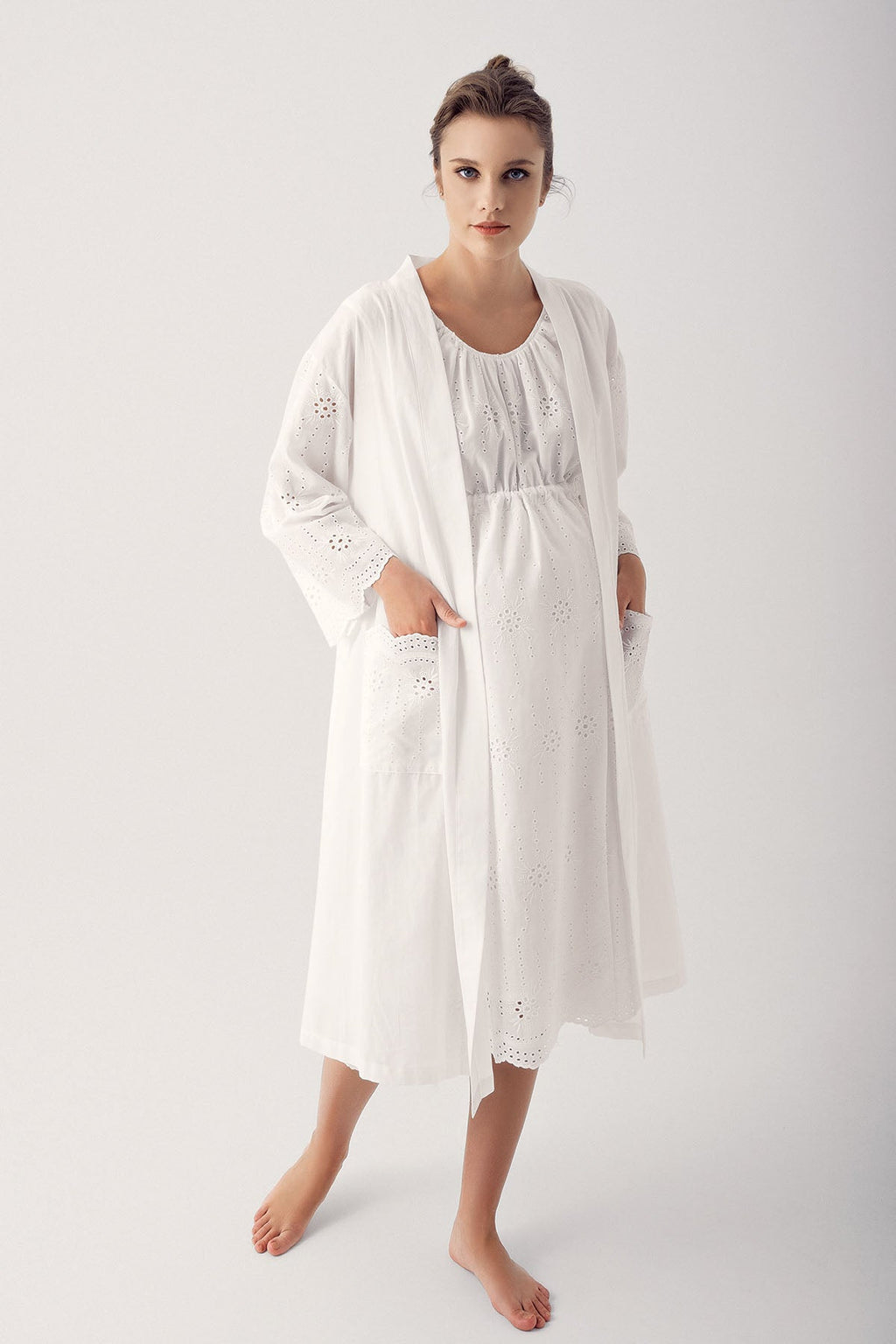 Woven Maternity Feeding-Friendly Nightgown & Robe Set Ecru - S14407
