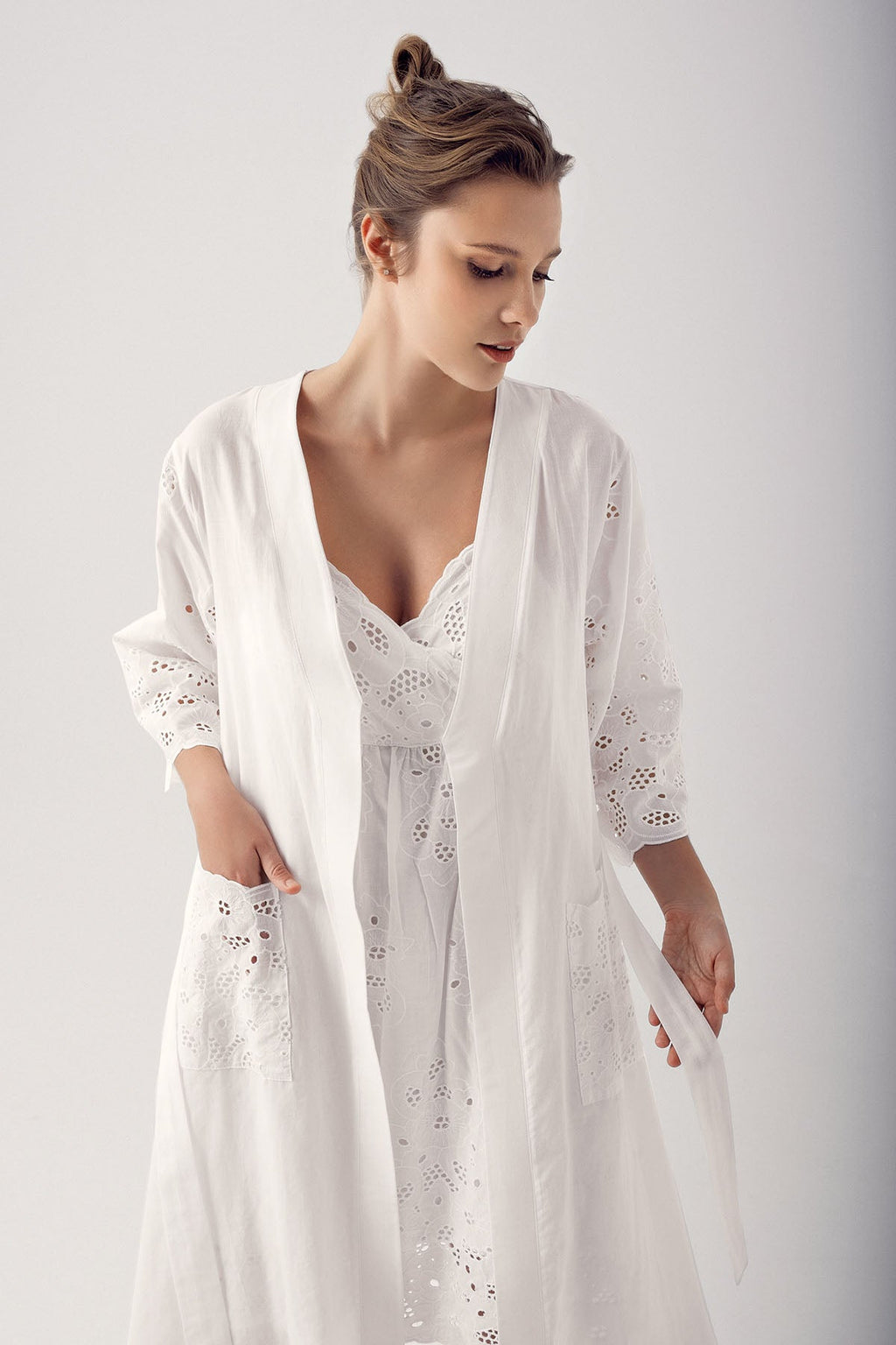 Woven Maternity Feeding-Friendly Nightgown & Robe Set Ecru - S14408