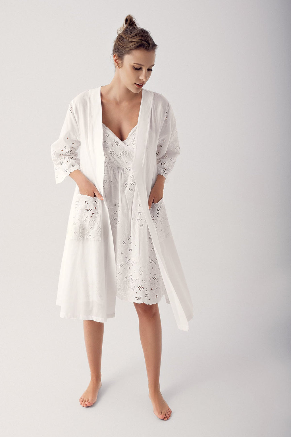 Woven Maternity Feeding-Friendly Nightgown & Robe Set Ecru - S14408
