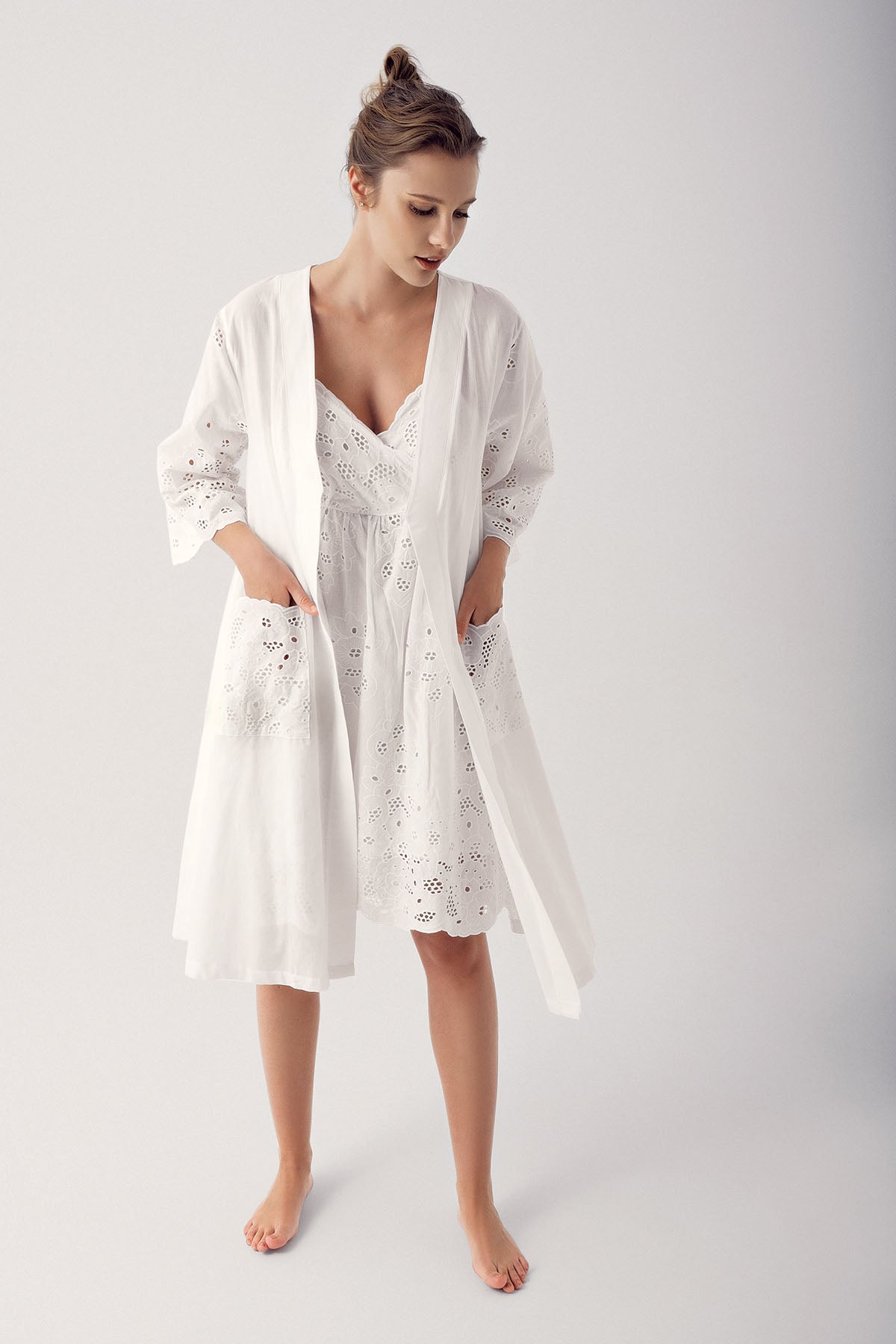 Woven Maternity Feeding-Friendly Nightgown & Robe Set Ecru - S14408