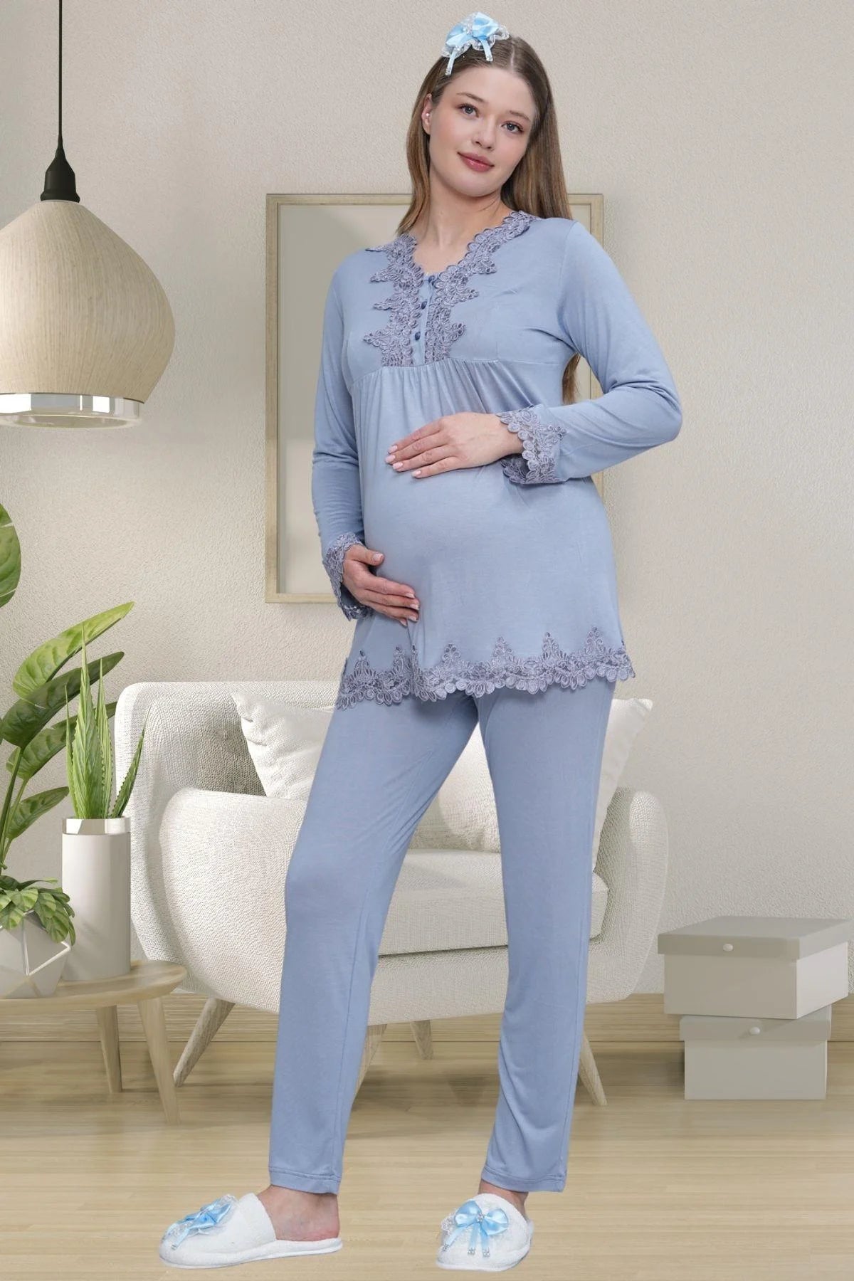 Lace Detailed Maternity Feeding-Friendly Pajama Set Blue - C1501